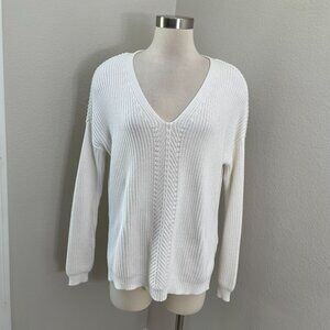Vince Womens Small Ribbed Knit Directional V Neck Cotton Pullover Sweater White